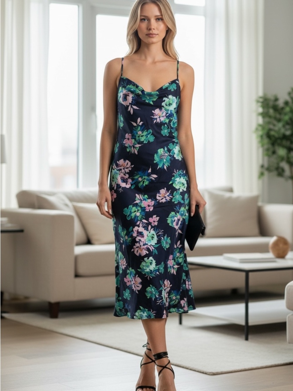 Aster NWT Midnight Floral Slip Maxi Dress XL Side Slit Resort Vacation Party